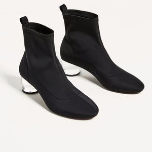 Zara Black Stretch Neoprene Lucite Heel Booties